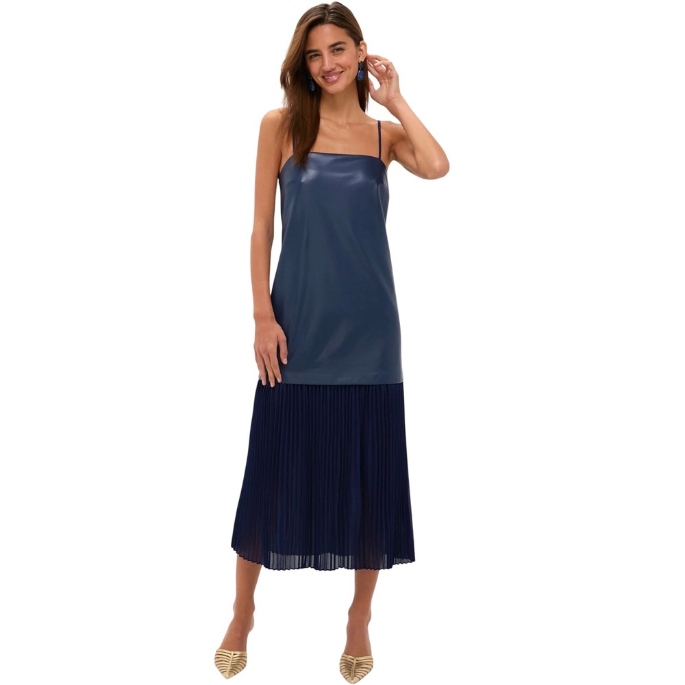 Hyacinth House Midi Dress Women's Size XS Navy New Vegan Leather Pleated